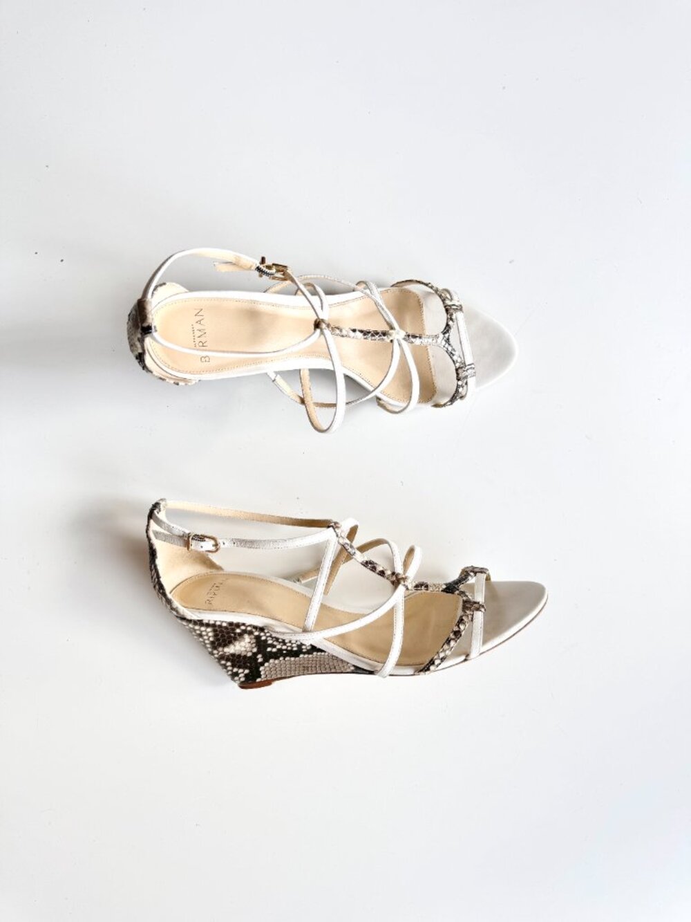 ALEXANDRE BIRMAN Mallica White Snake Leather Strappy Cage Wedge Sandals, Size 40